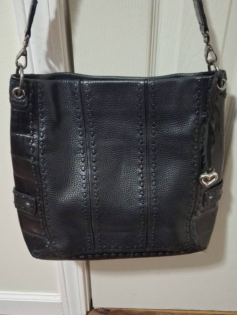 Brighton Black Leather Stud-Trim Shoulder Bag with Heart Charm